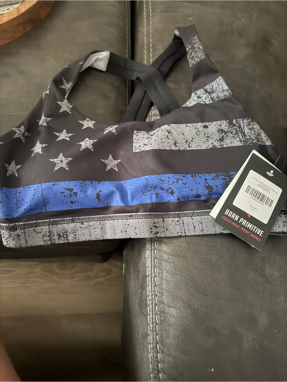 Born Primitive Black & Gray Thin Blue Line Flag Sports Bra